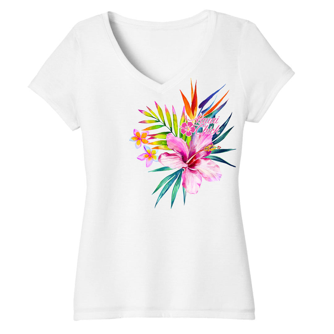 Kauai Chick Ladies Floral Dawn V-Neck T-Shirt
